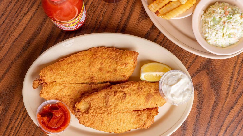 Flounder · Served with Cole slaw and french fries choice of tarter or cocktail sauce.
