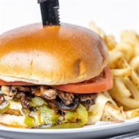 Smothered Chicken Sandwich · Plump, juicy, grilled chicken breast smothered in melted provolone cheese, sauteed onions, g...