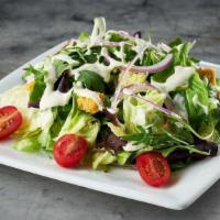 Steak House Salad · iceberg, baby arugula, baby lettuces, grape tomatoes, garlic croutons, red onion, house vina...