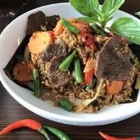 Basil Fried Rice · Spicy. Sautéed Thai basil sauce with egg, onions, string beans, carrots, bell peppers, and ...