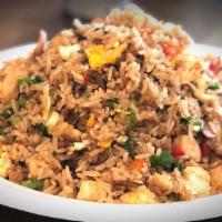 Arroz Chaufa · Peruvian style fried rice, with green onion, red bell pepper, and egg.