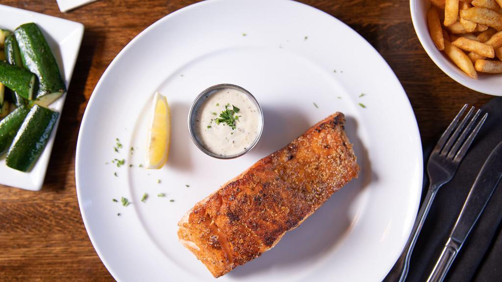 House Salmon Filet · Lightly seasoned eight oz. cut fresh salmon cooked on griddle. Served with our homemade garlic-onion aioli sauce and two sides of your choice.