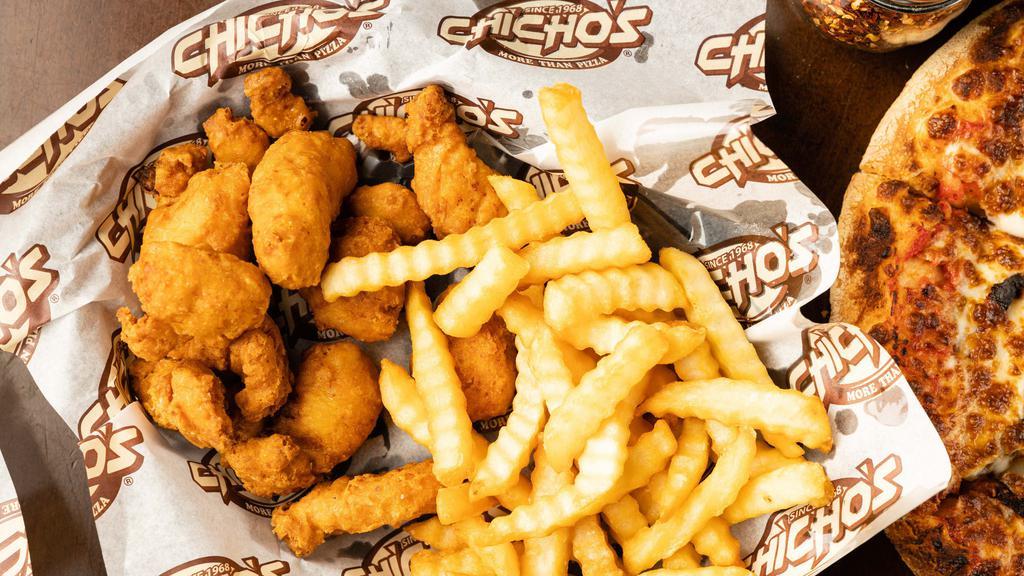 Popcorn Chicken · Eight bite-sized pieces of fried chicken tossed served with fresh hand-cut French fries. Have them naked or toss them in one of our twelve wing sauces.
