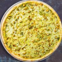 Chicken Pesto Pizza · Our famous house made dough topped with pesto sauce, chicken, tomato, green peppers and prem...