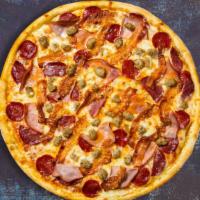 Meat Lovers Pizza (Gf) · Certified gluten free dough topped with red sauce, pepperoni, salami, canadian bacon, and ou...