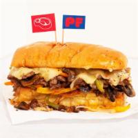 Loaded Philly Cheesesteak · Chopped steak sandwich with roasted peppers, sauteed mushrooms, grilled onions, and your cho...