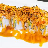 Volcano Roll · Extra spicy. Crab, cucumber, and avocado with torched spicy scallop and crab on top. One rol...