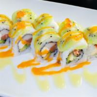Romantic Roll · Smoked salmon, crab, avocado, cream cheese with kiwi and chef sauce on top. One roll served ...