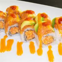 Double Spicy Roll · Extra spicy. Spicy crab inside with spicy tuna and avocado on top. One roll served as eight ...