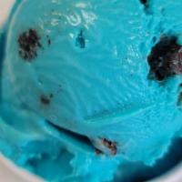 Blue Monster Cookie · Blue vanilla ice cream layered with chocolate cookie crumbles and chocolate chip cookies.