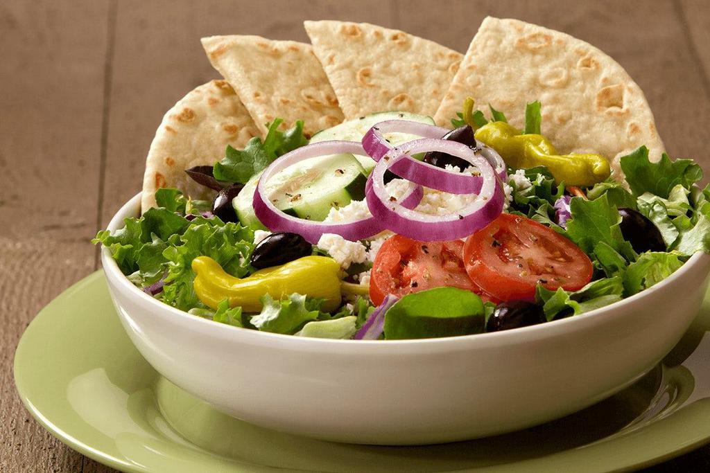 Greek · (select salad to see price). tomatoes, cucumbers, red onions, kalamata olives, feta cheese & pepperoncini