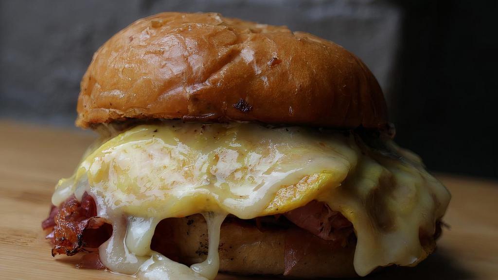 Breakfast Sando · Spalla Cotta ham, egg, cheese, Grainwright potato bun