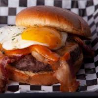 Juliet Bravo · Fried egg, bacon, and cheddar.
