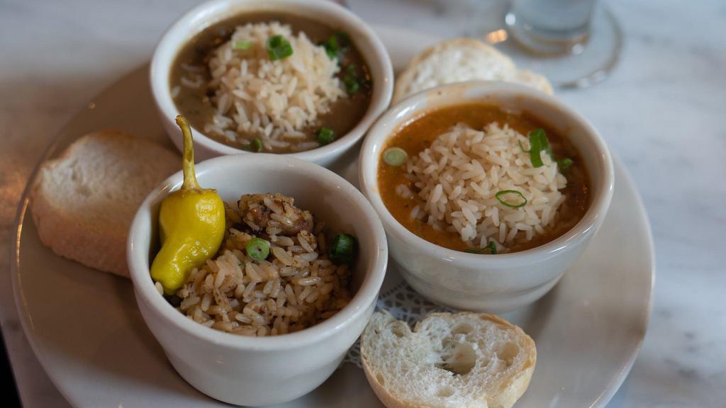 Taste Of New Orleans (Pick 3) · A sampling of the city’s most famous dishes: Cajun chicken & Andouille Jambalaya, Crawfish Etouffée,  Red Beans and Rice, and Chicken Andouille Gumbo