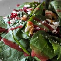 Spinach Salad (Full) · Baby spinach, raisins, goat cheese with homemade honey walnut-balsamic vinaigrette.