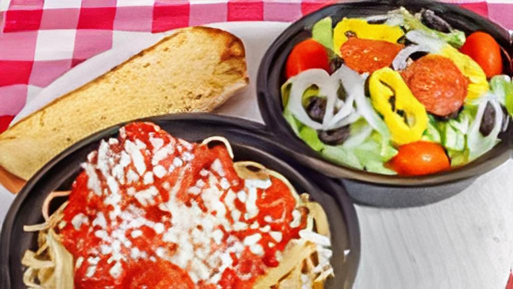 Spaghetti Dinner With Meatballs · Spaghetti in marinara served with our delicious meatballs, small garlic bread and dinner salad