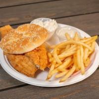 Fish Sandwich · Cole slaw, fries, tartar sauce.