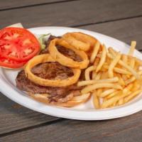 Steak Sandwich · 6oz Ribeye Lettuce, tomato, mayo, with fries and onion rings.