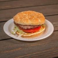 Hamburger · 3 Oz. Beef patties, lettuce, tomato, onions and mustard,