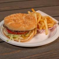 Big Bite · Double hamburger.. 3 Oz. Beef patties, lettuce, tomato, onions and mustard, with fries.