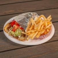 Gyro Sandwich · Lettuce, tomato, onions and tzatziki, with fries