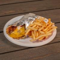 Carolina Pita Burger · Cheese, mustard, chili, slaw and onion, with fries.