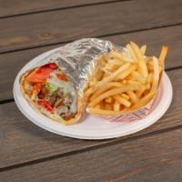 Steak Philly Pita · Provolone, onions, peppers, mushrooms, lettuce and tomato, with fries.