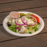 Small Greek Salad · Feta cheese, olives, cucumber, tomato, onions and peppers.