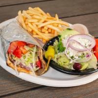 Gyro Plate · Greek salad and fries.