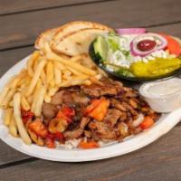 Souvlaki Plate · Over rice with mushrooms, onions, peppers and tomato. Fries, Greek salad,tzatziki and pita b...