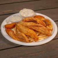Perch · Cole slaw, fries, tartar sauce,  and hush puppies.