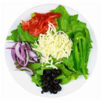 House Salad · Fresh green lettuce mix, tomatoes, black olives, red onions, bell peppers, shredded mozzarella