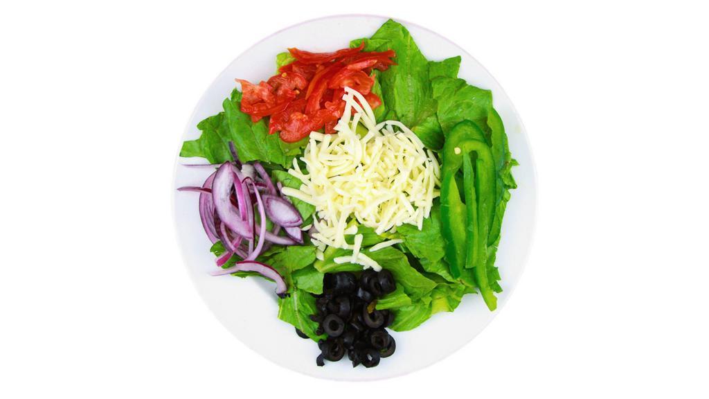 House Salad · Fresh green lettuce mix, tomatoes, black olives, red onions, bell peppers, shredded mozzarella