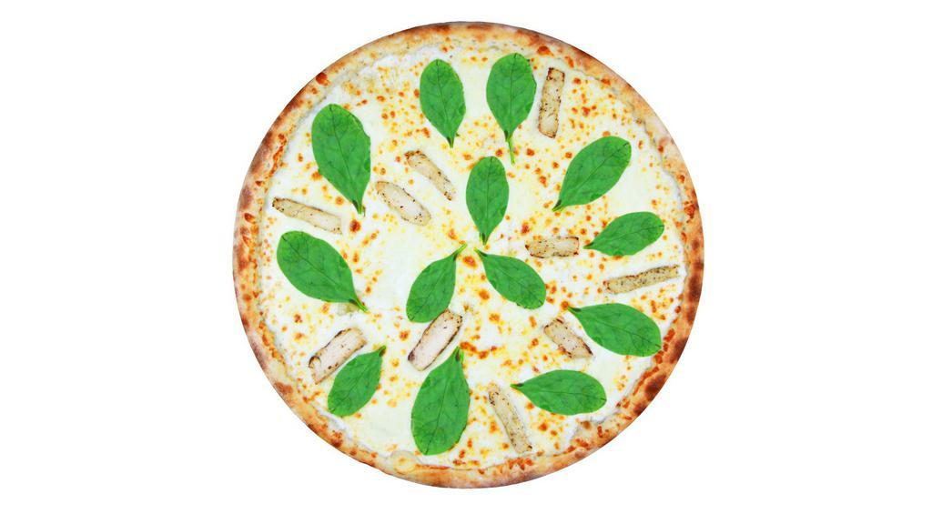 Chicken Alfredo Pizza · Alfredo sauce with grilled chicken and spinach.