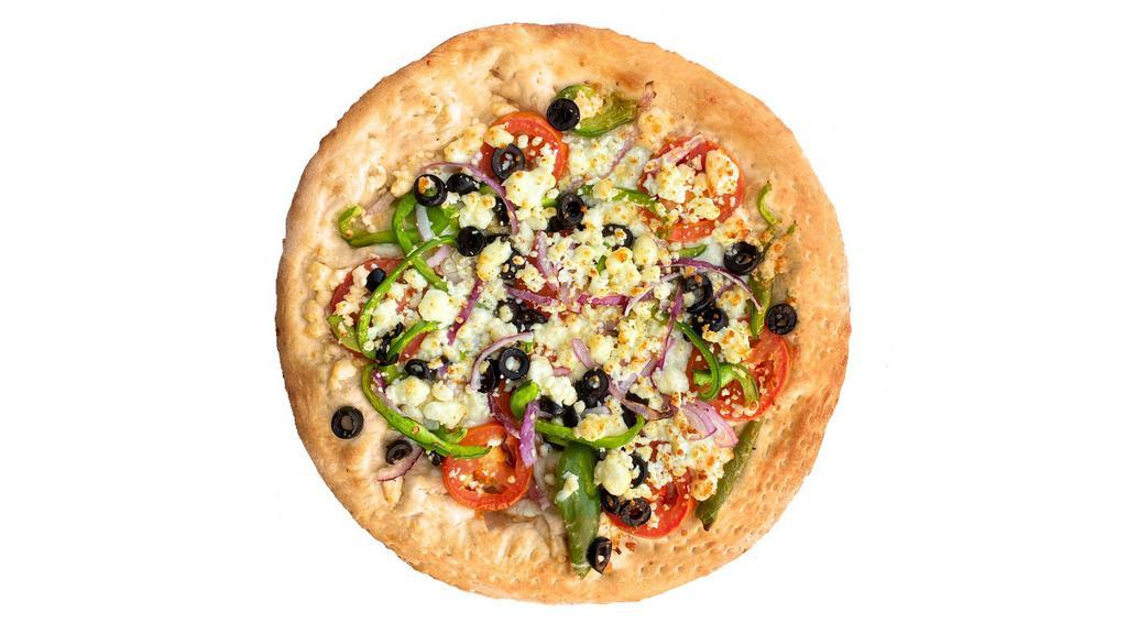 Greek Pizza · Fresh garlic, feta cheese, black olives, tomato, onion, green peppers, oregano and olive oil - no red sauce.