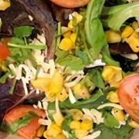 Side Salad · Spring sweet greens, corn, Jack cheese, tomatoes, cilantro and a dressing of your choice