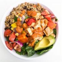 Sunset Burrito Or Bowl · Mexican quinoa, grilled mesquite chicken, fresh roasted veggies, spinach, Spicy Sunset sauce...