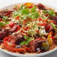 Korean Bbq Burrito Or Bowl · Mexican rice, grilled mesquite chicken, fajita veggies, Korean BBQ sauce, crisp jicama slaw,...