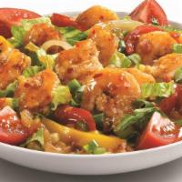 Bangkok Shrimp Bowl · Bangkok Shrimp on a bed of Mexican rice, grilled peppers and onions, and shredded Romaine, g...
