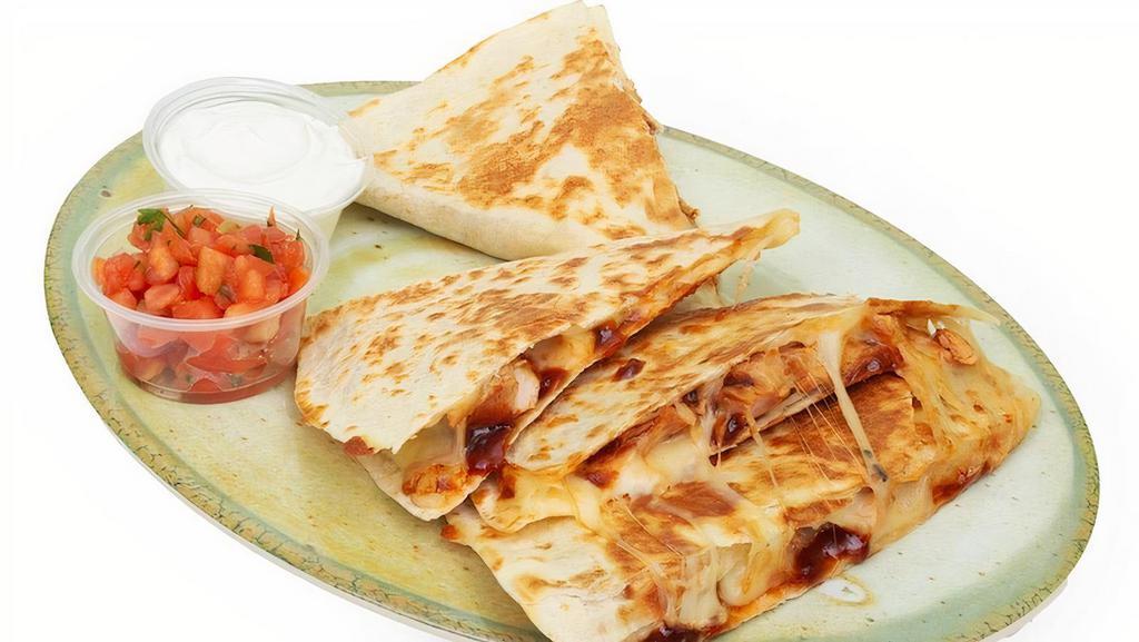Bbq Chicken Quesadilla · Jack cheese, grilled mesquite chicken and BBQ sauce. Served with sour cream and salsa.