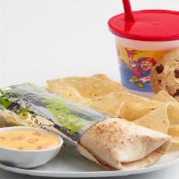Kids Mini Burrito · Grilled chicken, rice and cheese in a warm flour tortilla.