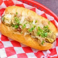The Bavarian Sandwich · Grilled traditional pork & veal sausage topped with mustard, sauerkraut, and caramelized oni...