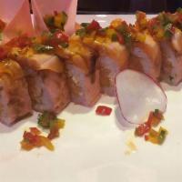 Crazy Salmon Roll · Salmon, avocado inside, top with spicy salmon and crunch and caviar.