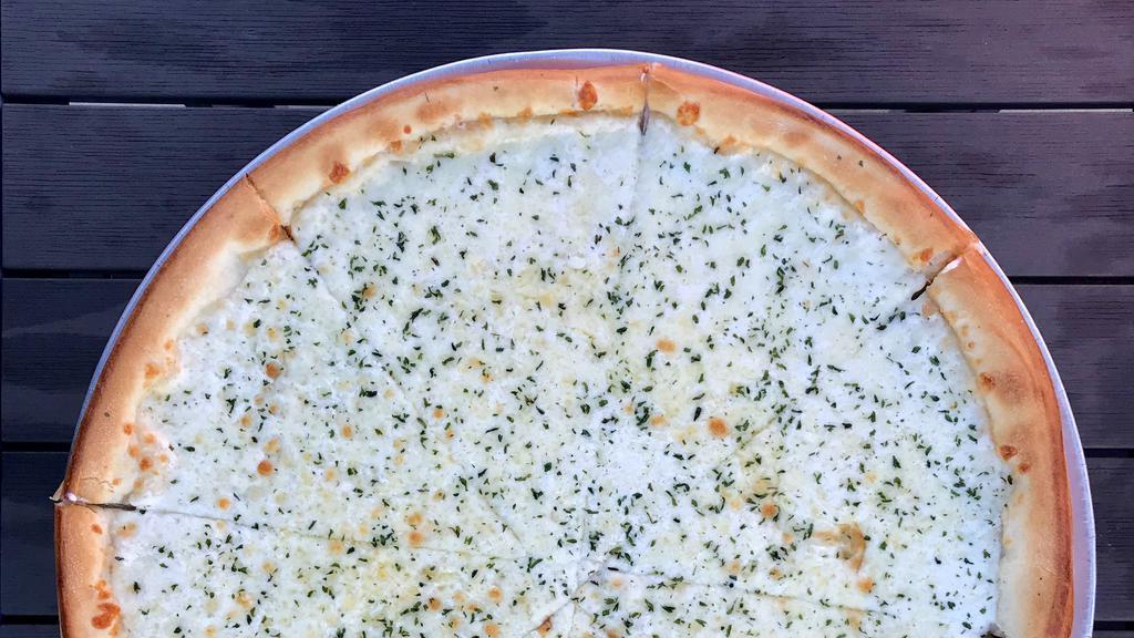 Classic White Pizza · Ricotta cream sauce topped with Mozzarella cheese.