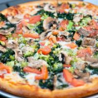 Veggie Pizza · Roma tomatoes, spinach broccoli, mushrooms, and fresh garlic.