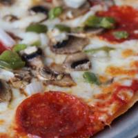 Gluten Free Supreme Pizza · Pepperoni, mushrooms, bell peppers, onions, and mozzarella cheese served on a crisp cauliflo...