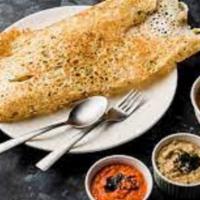 Rava Dosa · A Thin and Crispy Crepe made with Semolina and Rice flour. Served with Chutney and Sambar(Le...
