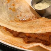Chicken Curry Dosa · Crepe made with Rice. Stuffed with Chicken Curry and  Served with Chutney and Sambar (Lentil...