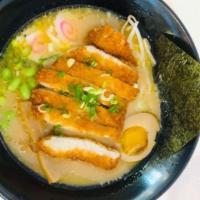 Chicken Katsu Ramen · Chicken katsu, fish cake, boiled egg, green bean, scallion, bean sprout, fried onion, nori s...