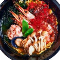 Seafood Deluxe Ramen · Jumbo shrimp, scallop, mussels, squid, fish cake, boiled egg, green bean, scallion, bean spr...